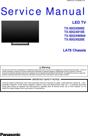 Panasonic tx 50gx800e 50gx810e 50gxw804 50gx820e service manual cover with photo of the television, TV type, chassis code, model code, creation date and document number