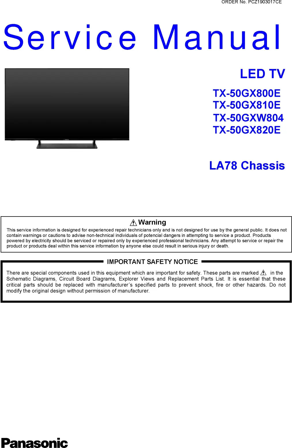 Panasonic tx 50gx800e 50gx810e 50gxw804 50gx820e service manual cover with photo of the television, TV type, chassis code, model code, creation date and document number