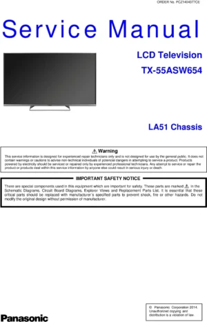 Panasonic tx 55asw654 service manual cover with photo of the television, TV type, chassis code, model code, creation date and document number