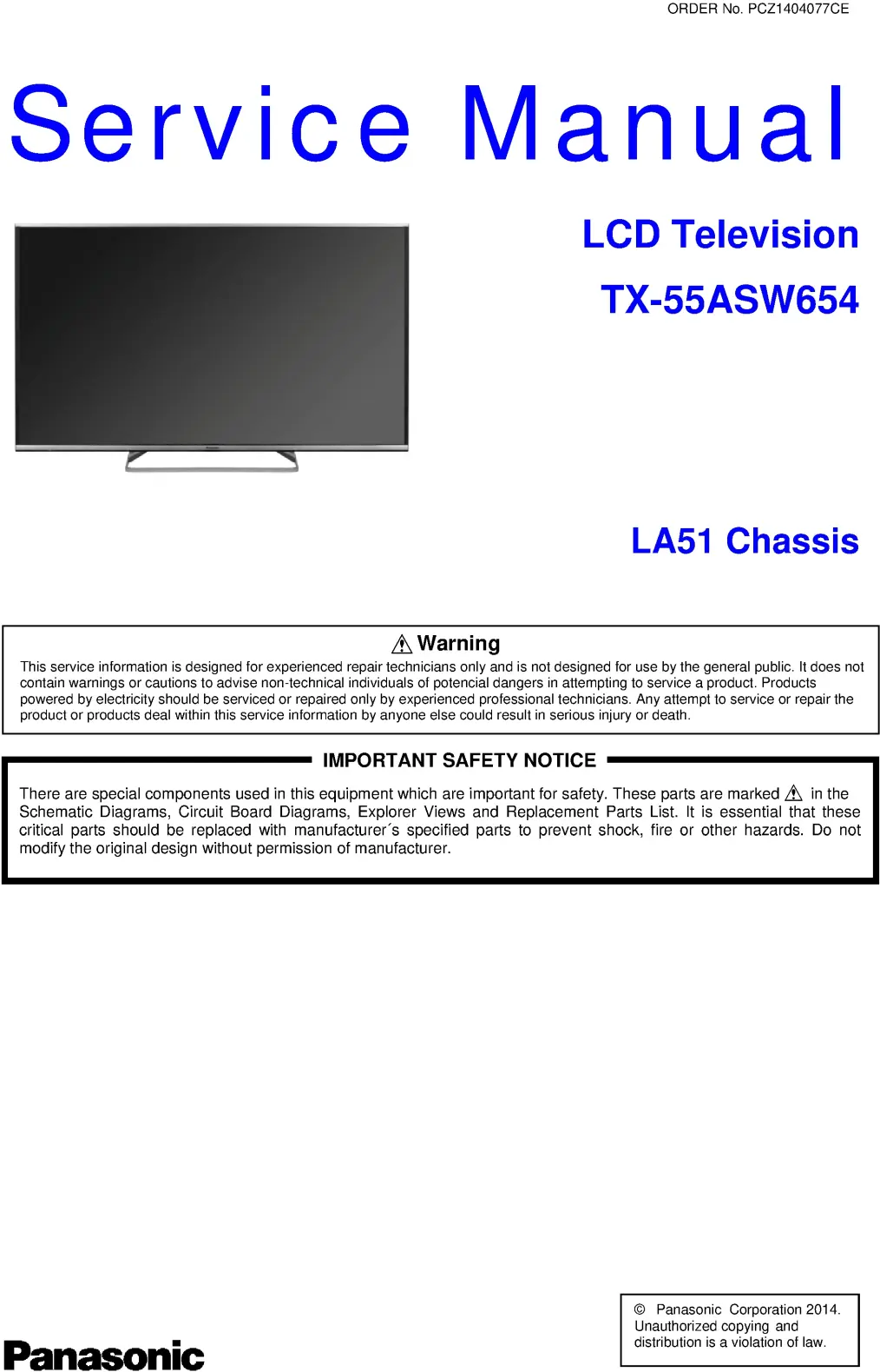 Panasonic tx 55asw654 service manual cover with photo of the television, TV type, chassis code, model code, creation date and document number