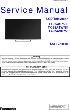 Panasonic tx 55asw754 55as750e 55asr750 service manual cover with photo of the television, TV type, chassis code, model code, creation date and document number
