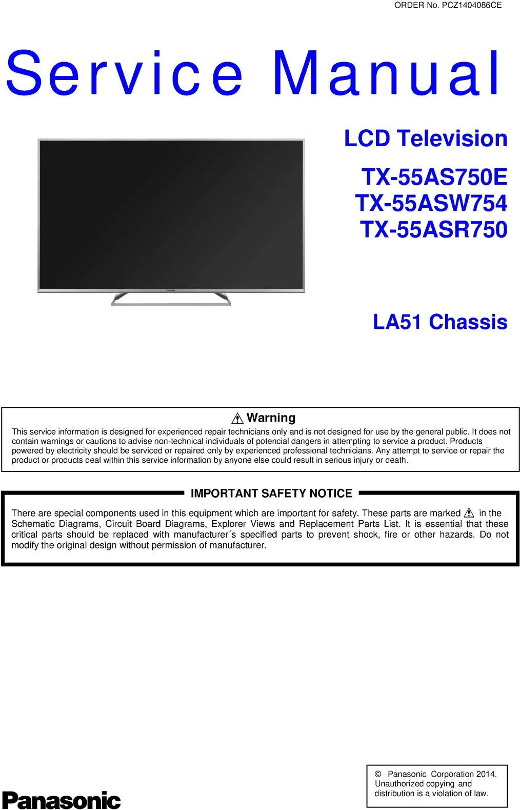 Panasonic tx 55asw754 55as750e 55asr750 service manual cover with photo of the television, TV type, chassis code, model code, creation date and document number