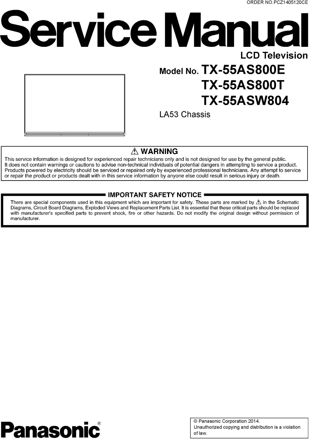 Panasonic tx 55asw804 55as800e 55as800t service manual cover with photo of the television, TV type, chassis code, model code, creation date and document number