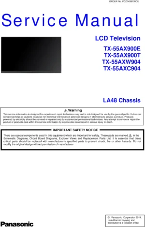 Panasonic tx 55axw904 55axc904 55ax900e 55ax900t service manual cover with photo of the television, TV type, chassis code, model code, creation date and document number