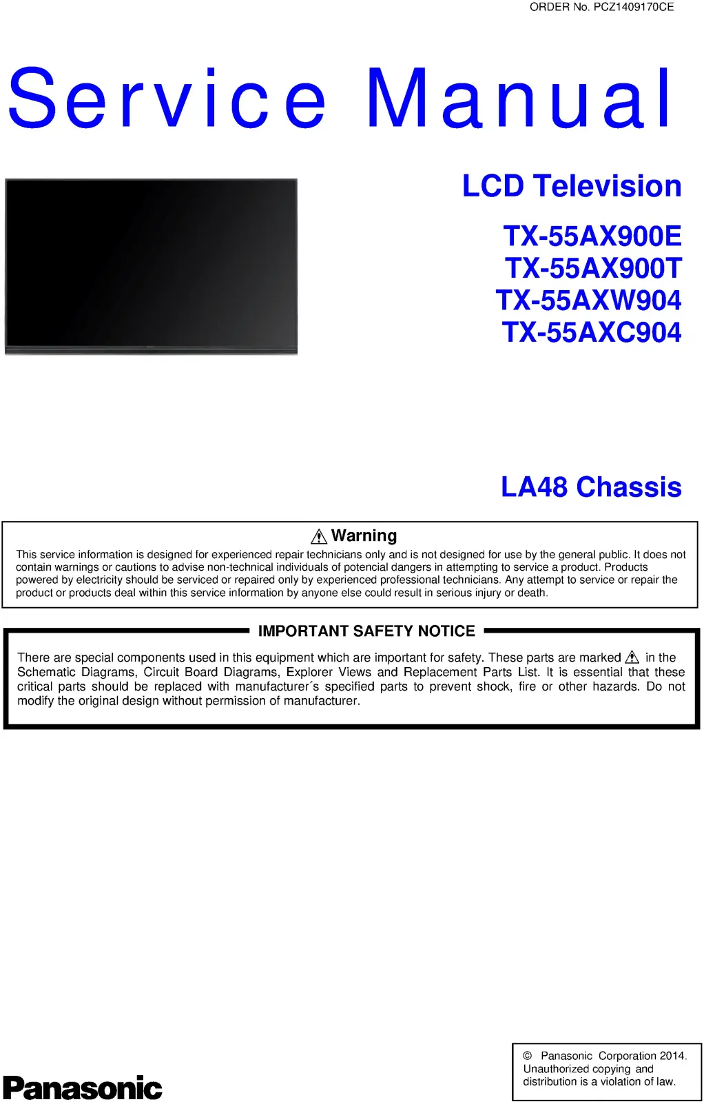 Panasonic tx 55axw904 55axc904 55ax900e 55ax900t service manual cover with photo of the television, TV type, chassis code, model code, creation date and document number