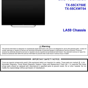 Panasonic tx 55cx750e 55cxw754 service manual cover with photo of the television, TV type, chassis code, model code, creation date and document number