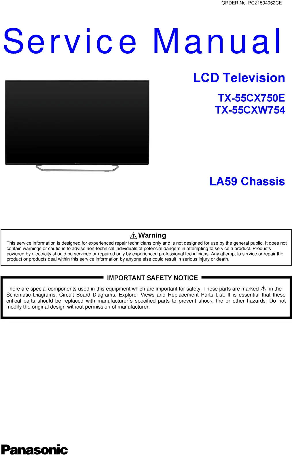 Panasonic tx 55cx750e 55cxw754 service manual cover with photo of the television, TV type, chassis code, model code, creation date and document number
