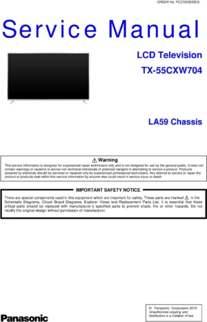 Panasonic tx 55cxw704 service manual cover with photo of the television, TV type, chassis code, model code, creation date and document number