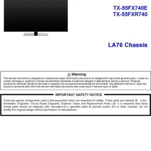 Panasonic tx 55fx740e la76 service manual cover with photo of the television, TV type, chassis code, model code, creation date and document number