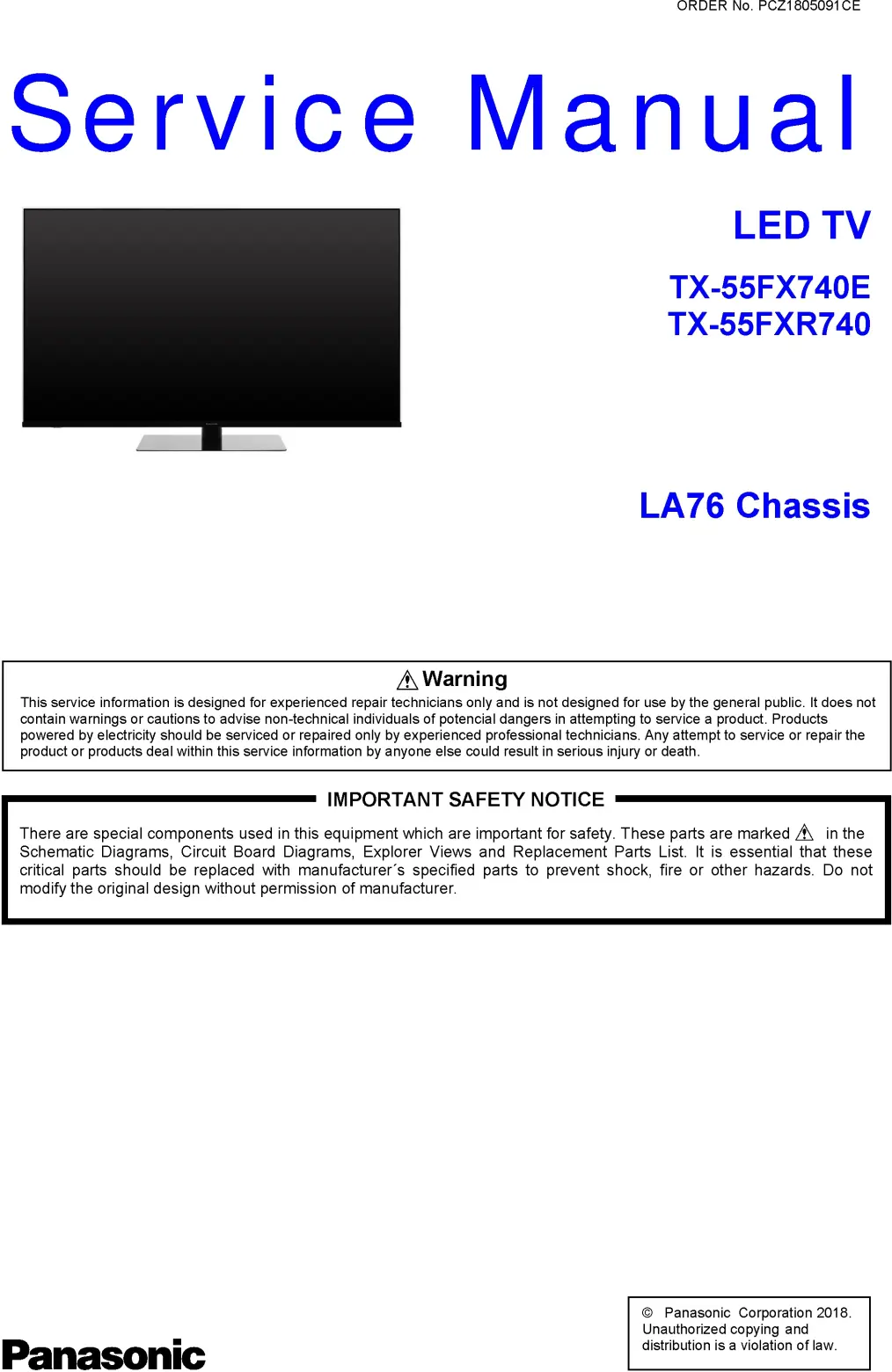 Panasonic tx 55fx740e la76 service manual cover with photo of the television, TV type, chassis code, model code, creation date and document number
