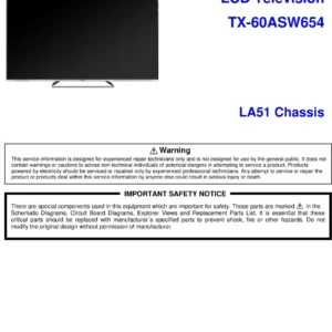 Panasonic tx 60asw654 service manual cover with photo of the television, TV type, chassis code, model code, creation date and document number