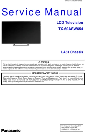 Panasonic tx 60asw654 service manual cover with photo of the television, TV type, chassis code, model code, creation date and document number