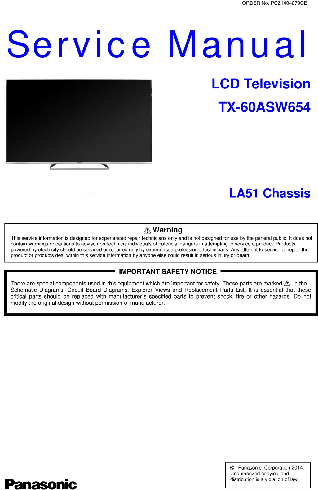 Panasonic tx 60asw654 service manual cover with photo of the television, TV type, chassis code, model code, creation date and document number