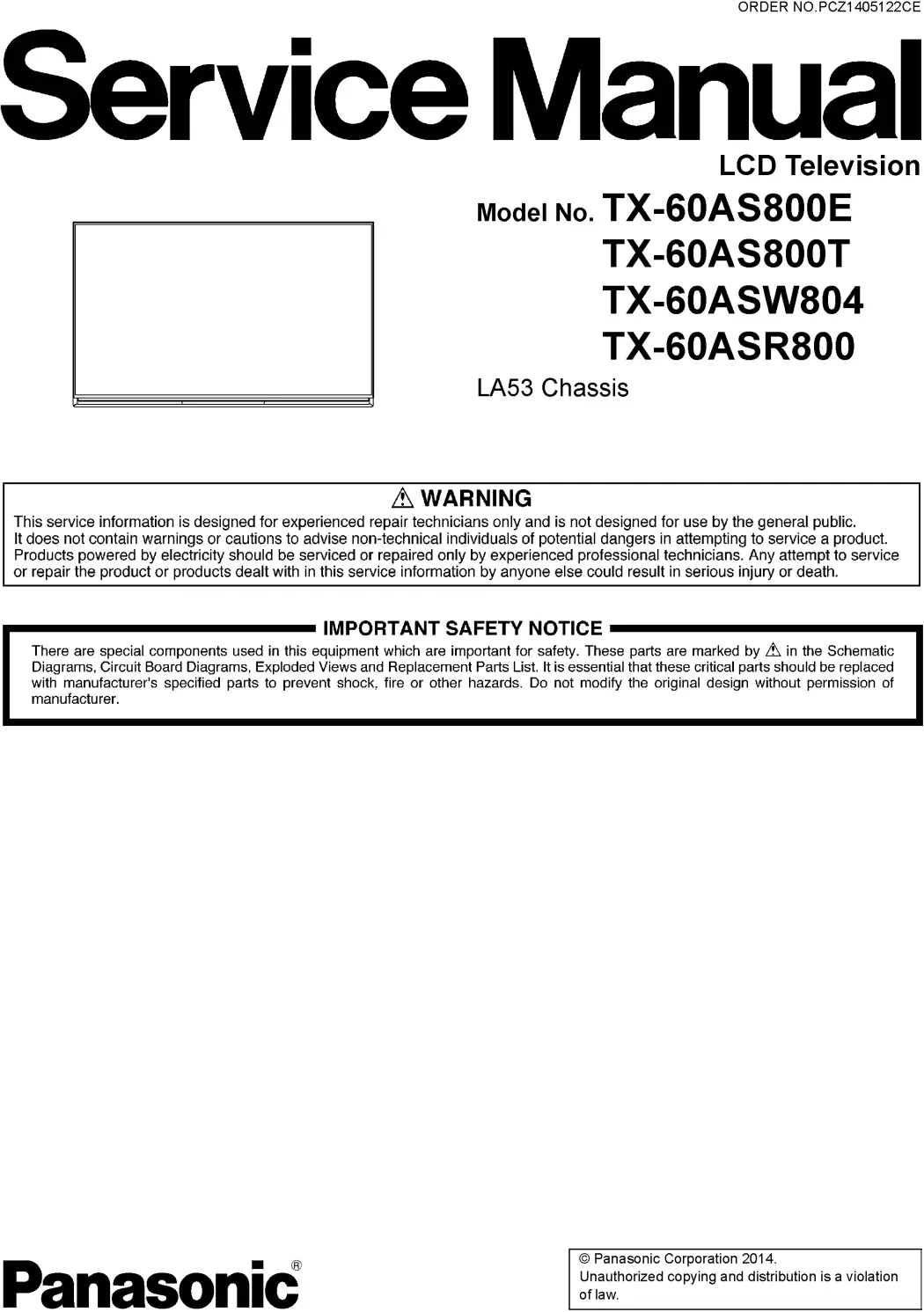 Panasonic tx 60asw804 60as800e 60as800t 60asr800 service manual cover with photo of the television, TV type, chassis code, model code, creation date and document number