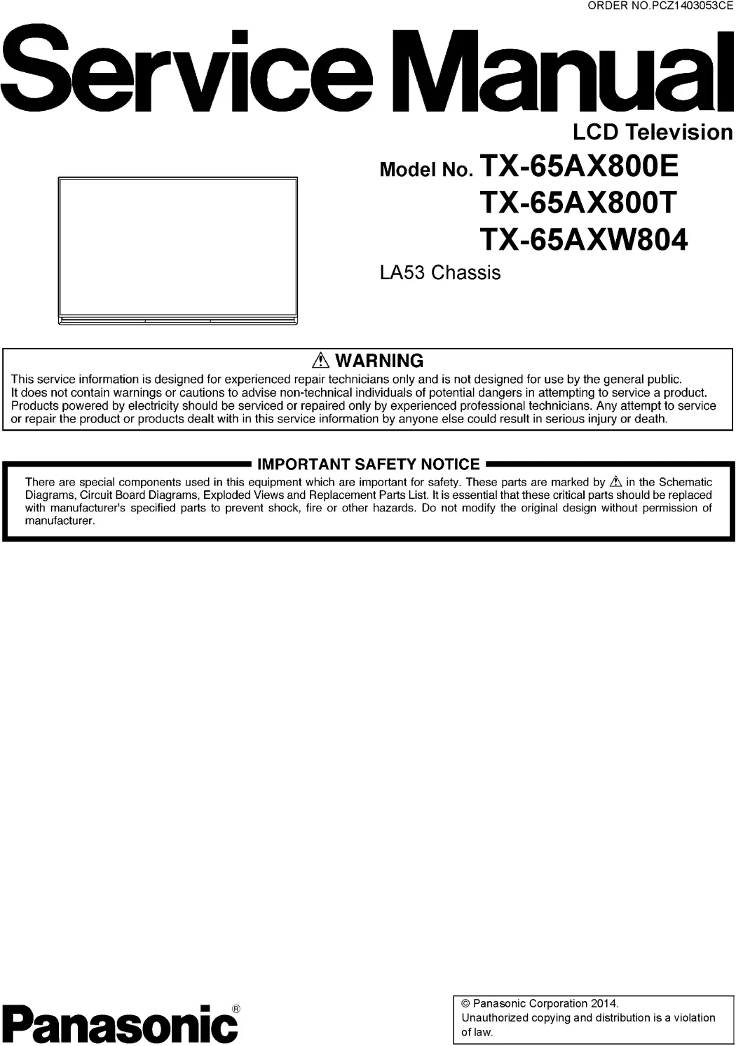 Panasonic tx 65axw804 65ax800e 65ax800t service manual cover with photo of the television, TV type, chassis code, model code, creation date and document number