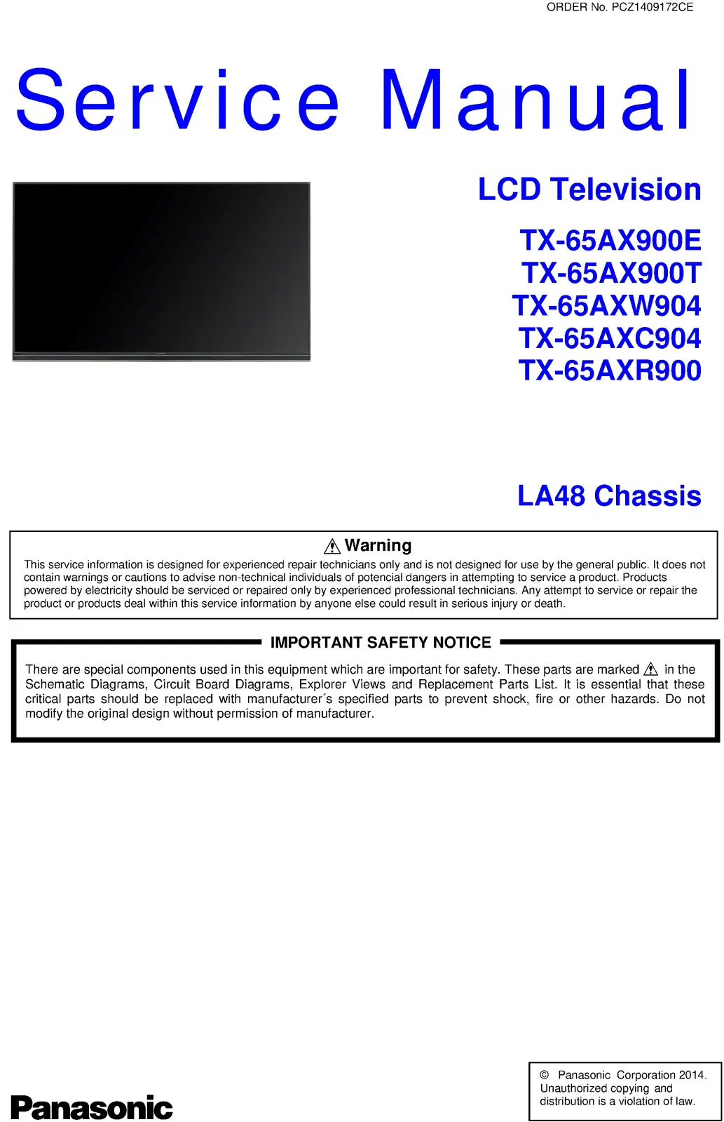 Panasonic tx 65axw904 65axc904 65axr900 65ax900e 65ax900t service manual cover with photo of the television, TV type, chassis code, model code, creation date and document number