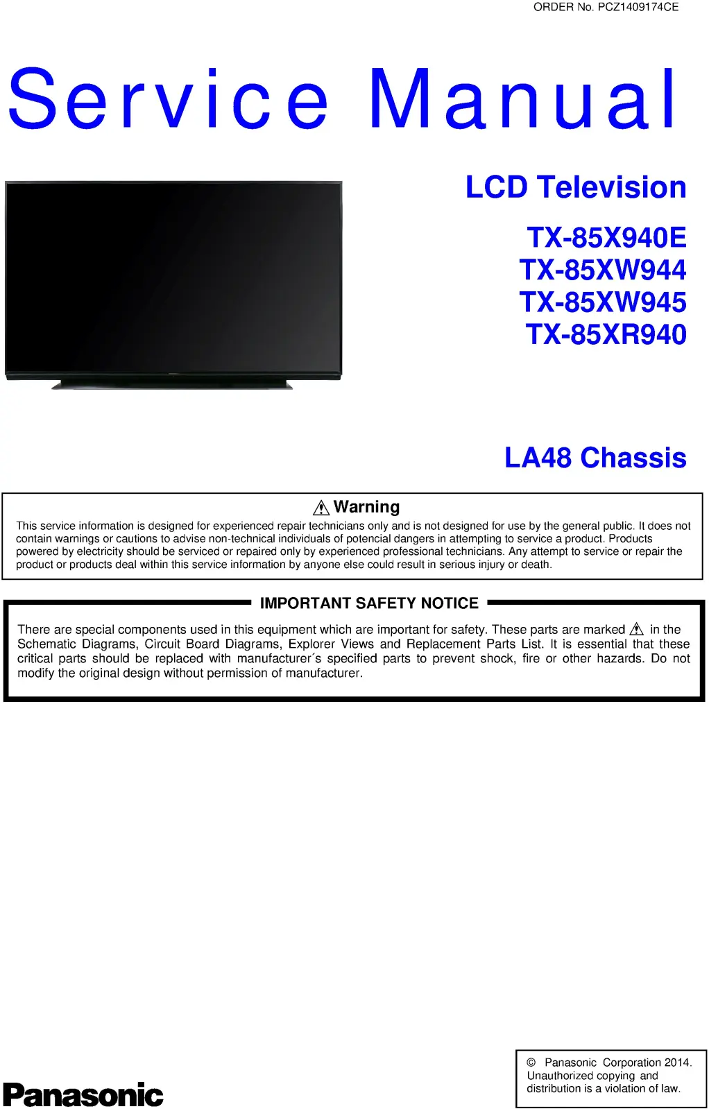 Panasonic tx 85xw944 85xw945 85x940e 85xr940 service manual cover with photo of the television, TV type, chassis code, model code, creation date and document number