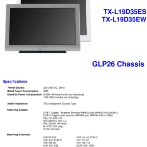 Panasonic tx l19d35es l19d35ew service manual cover with photo of the television, TV type, chassis code, model code, creation date and document number