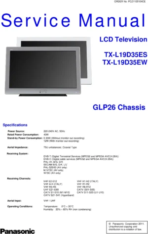 Panasonic tx l19d35es l19d35ew service manual cover with photo of the television, TV type, chassis code, model code, creation date and document number
