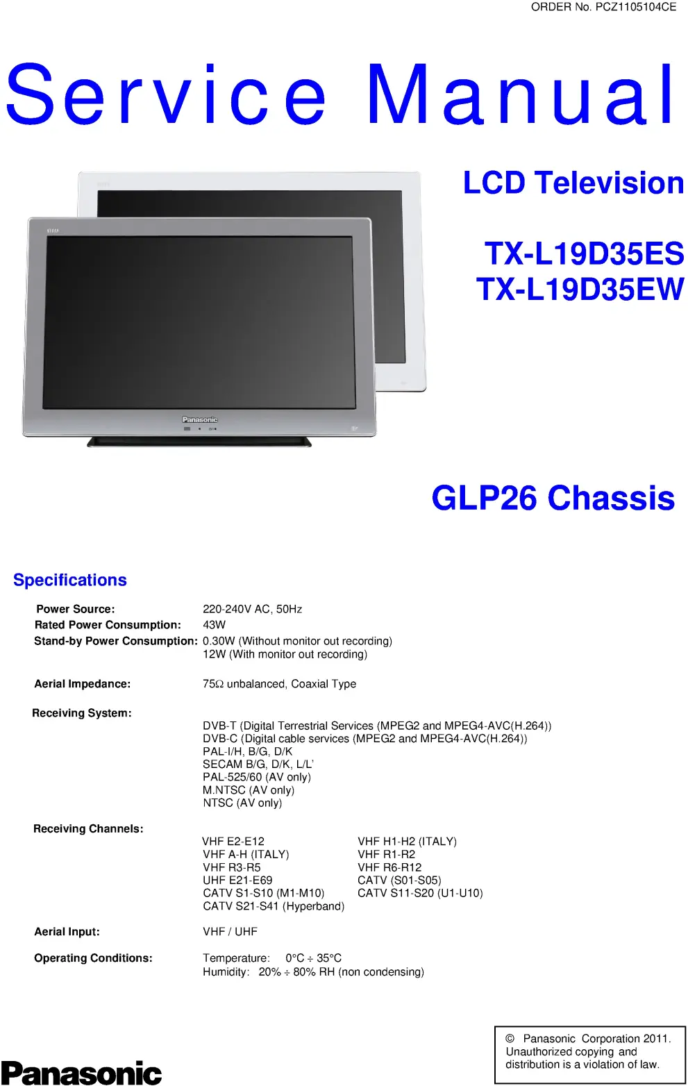 Panasonic tx l19d35es l19d35ew service manual cover with photo of the television, TV type, chassis code, model code, creation date and document number