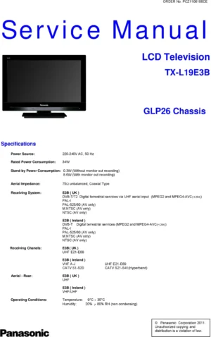 Panasonic tx l19e3b service manual cover with photo of the television, TV type, chassis code, model code, creation date and document number