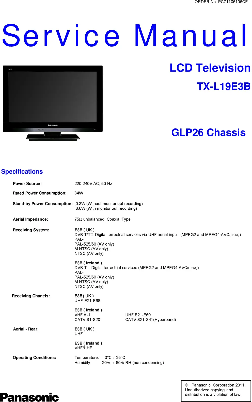 Panasonic tx l19e3b service manual cover with photo of the television, TV type, chassis code, model code, creation date and document number