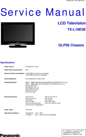 Panasonic tx l19e3e service manual cover with photo of the television, TV type, chassis code, model code, creation date and document number