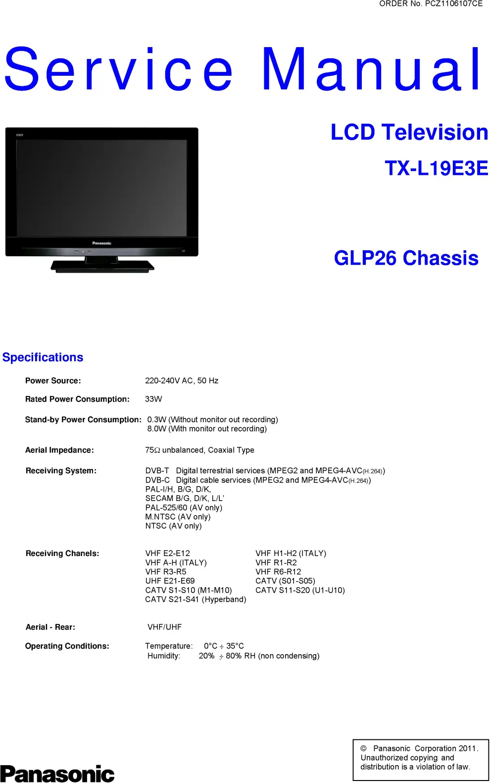 Panasonic tx l19e3e service manual cover with photo of the television, TV type, chassis code, model code, creation date and document number