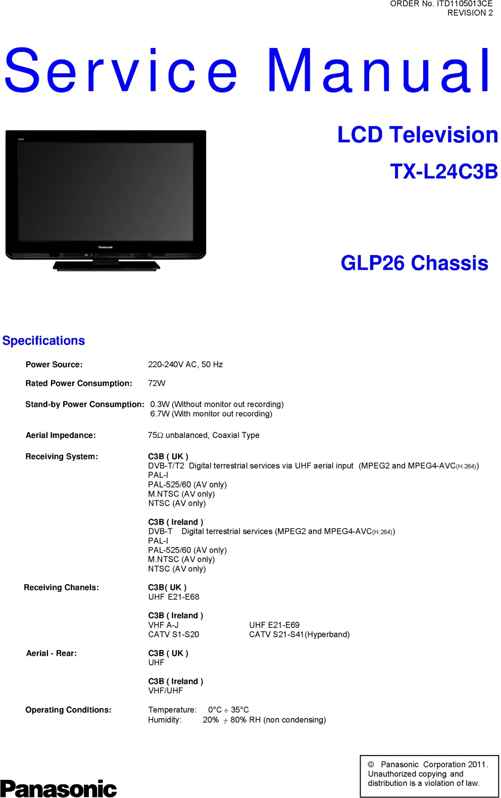 Panasonic tx l24c3b service manual cover with photo of the television, TV type, chassis code, model code, creation date and document number