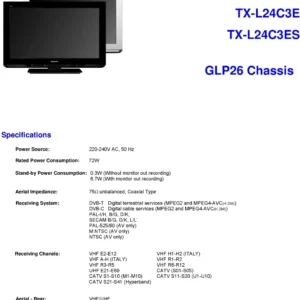 Panasonic tx l24c3e service manual cover with photo of the television, TV type, chassis code, model code, creation date and document number