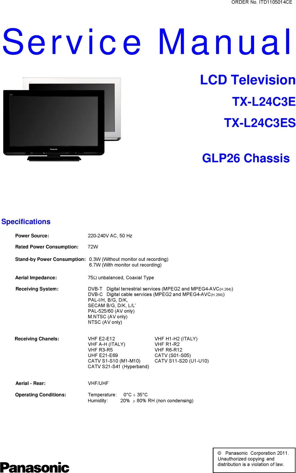 Panasonic tx l24c3es service manual cover with photo of the television, TV type, chassis code, model code, creation date and document number