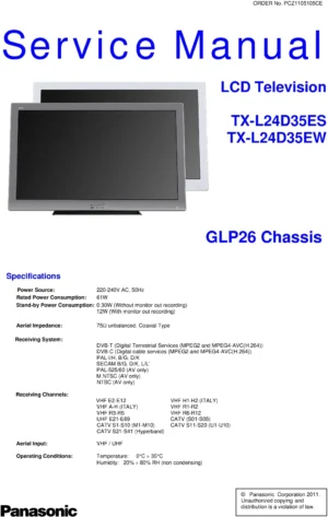 Panasonic tx l24d35es l24d35ew service manual cover with photo of the television, TV type, chassis code, model code, creation date and document number