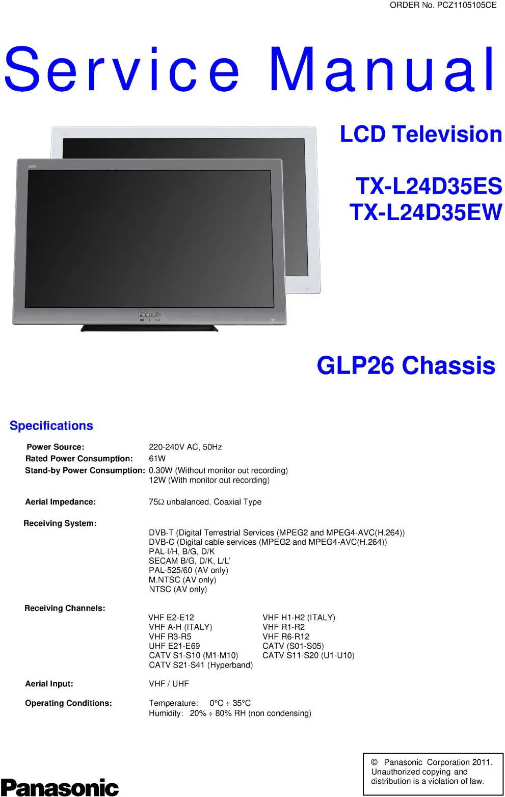 Panasonic tx l24d35es l24d35ew service manual cover with photo of the television, TV type, chassis code, model code, creation date and document number