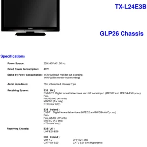 Panasonic tx l24e3b service manual cover with photo of the television, TV type, chassis code, model code, creation date and document number