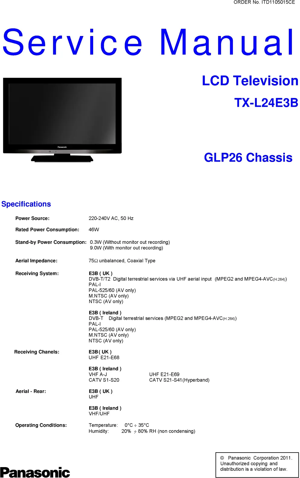 Panasonic tx l24e3b service manual cover with photo of the television, TV type, chassis code, model code, creation date and document number