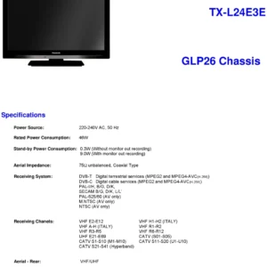 Panasonic tx l24e3e service manual cover with photo of the television, TV type, chassis code, model code, creation date and document number