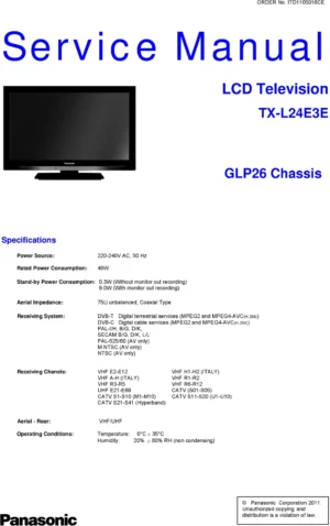 Panasonic tx l24e3e service manual cover with photo of the television, TV type, chassis code, model code, creation date and document number