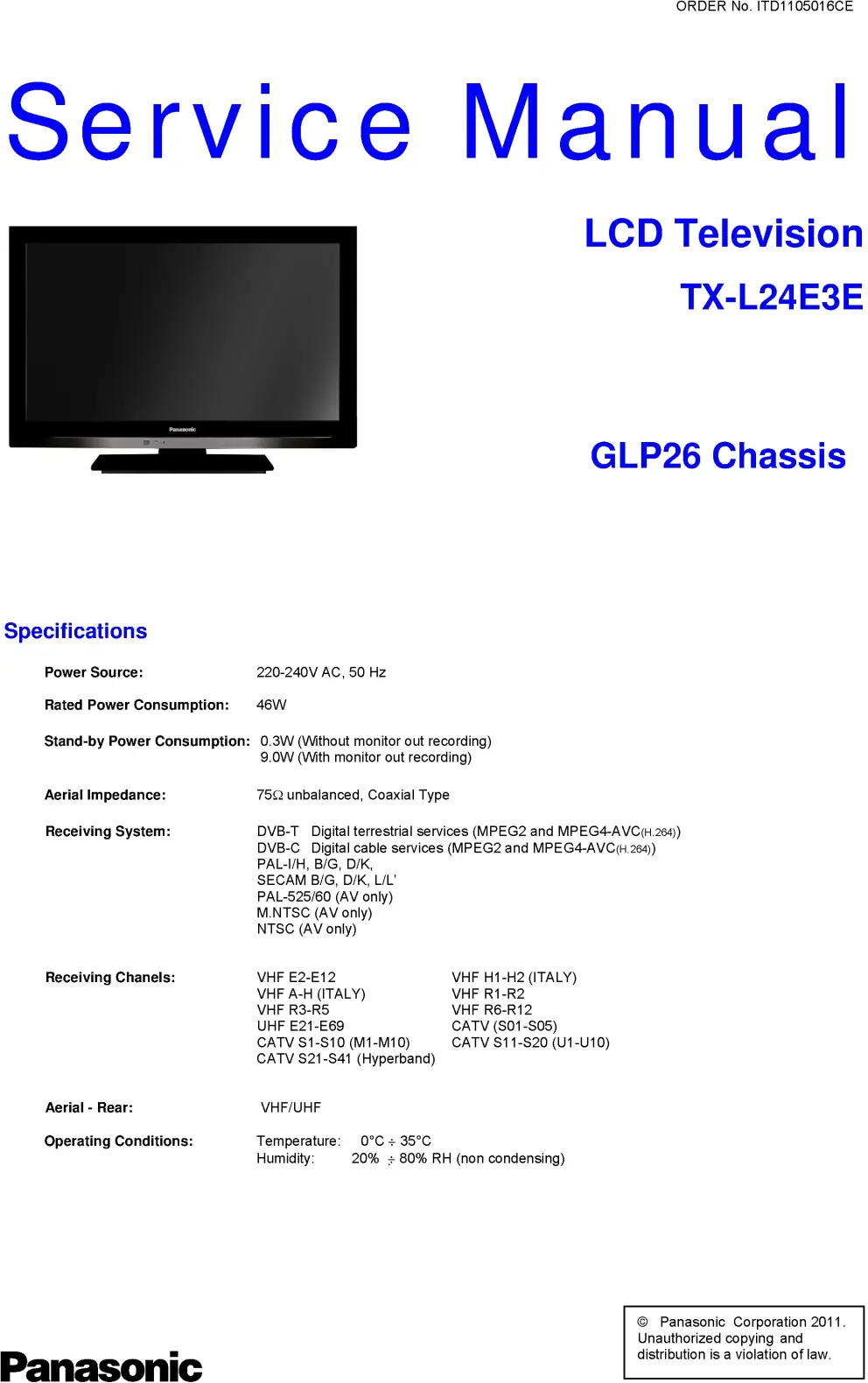 Panasonic tx l24e3e service manual cover with photo of the television, TV type, chassis code, model code, creation date and document number