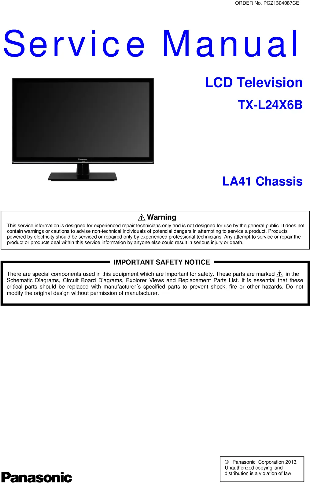 Panasonic tx l24x6b service manual cover with photo of the television, TV type, chassis code, model code, creation date and document number