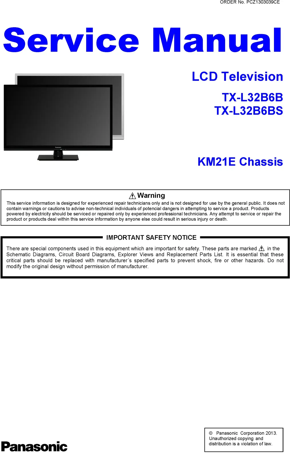 Panasonic tx l32b6bs service manual cover with photo of the television, TV type, chassis code, model code, creation date and document number