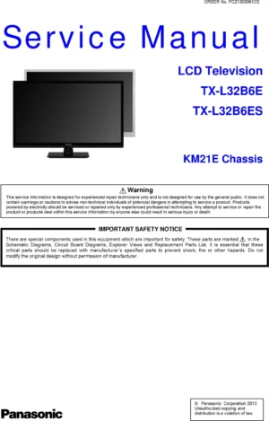 Panasonic tx l32b6e l32b6es service manual cover with photo of the television, TV type, chassis code, model code, creation date and document number