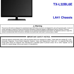 Panasonic tx l32bl6e service manual cover with photo of the television, TV type, chassis code, model code, creation date and document number