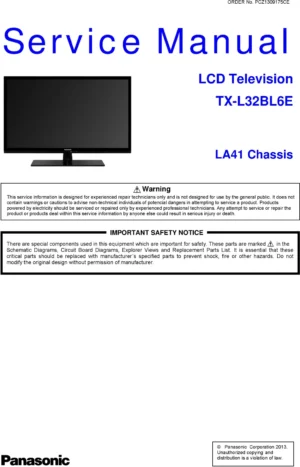 Panasonic tx l32bl6e service manual cover with photo of the television, TV type, chassis code, model code, creation date and document number