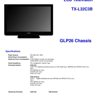 Panasonic tx l32c3b service manual cover with photo of the television, TV type, chassis code, model code, creation date and document number