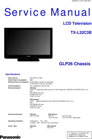 Panasonic tx l32c3b service manual cover with photo of the television, TV type, chassis code, model code, creation date and document number