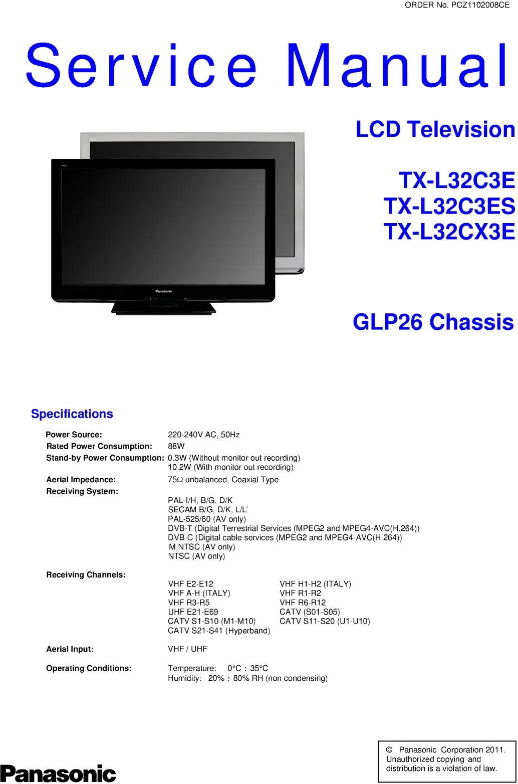 Panasonic tx l32c3e l32c3es l32cx3e service manual cover with photo of the television, TV type, chassis code, model code, creation date and document number