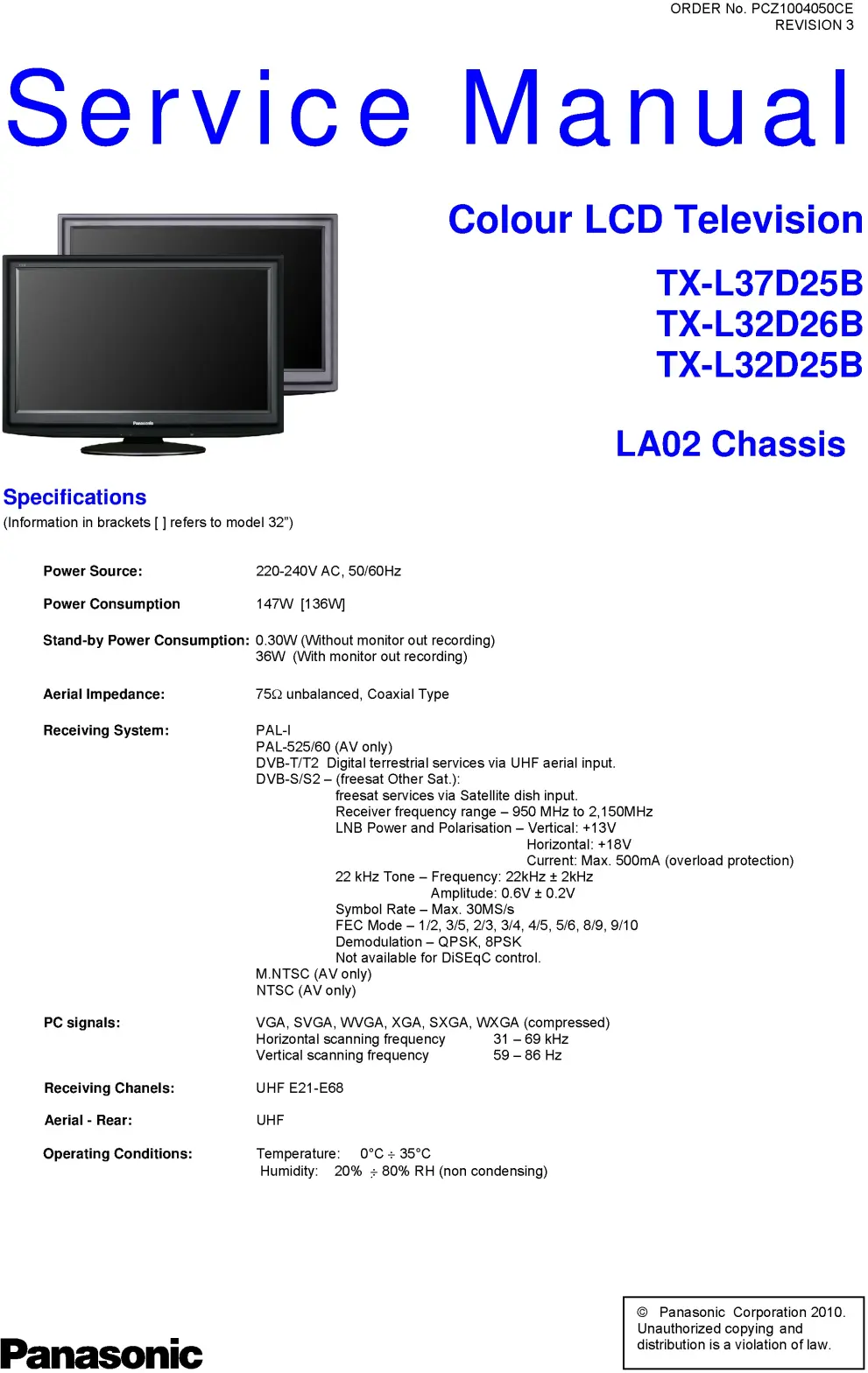 Panasonic tx l32d25b l32d26b l37d25b service manual cover with photo of the television, TV type, chassis code, model code, creation date and document number