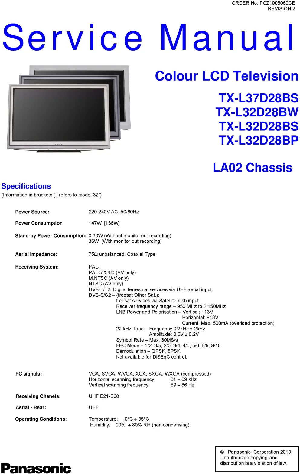 Panasonic tx l32d28 l37d28 bp bs bw service manual cover with photo of the television, TV type, chassis code, model code, creation date and document number