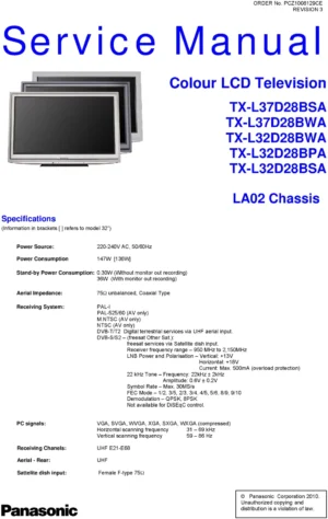 Panasonic tx l32d28 l37d28 bpa bsa bwa service manual cover with photo of the television, TV type, chassis code, model code, creation date and document number