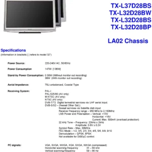 Panasonic tx l32d28bp l32d28bs l32d28bw l37d28bs service manual cover with photo of the television, TV type, chassis code, model code, creation date and document number